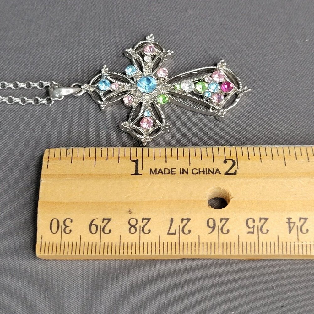 Silver Tone Round Link Chain Cross Pendant Rhinestone Fashion Necklace 22 in - Picture 8 of 9